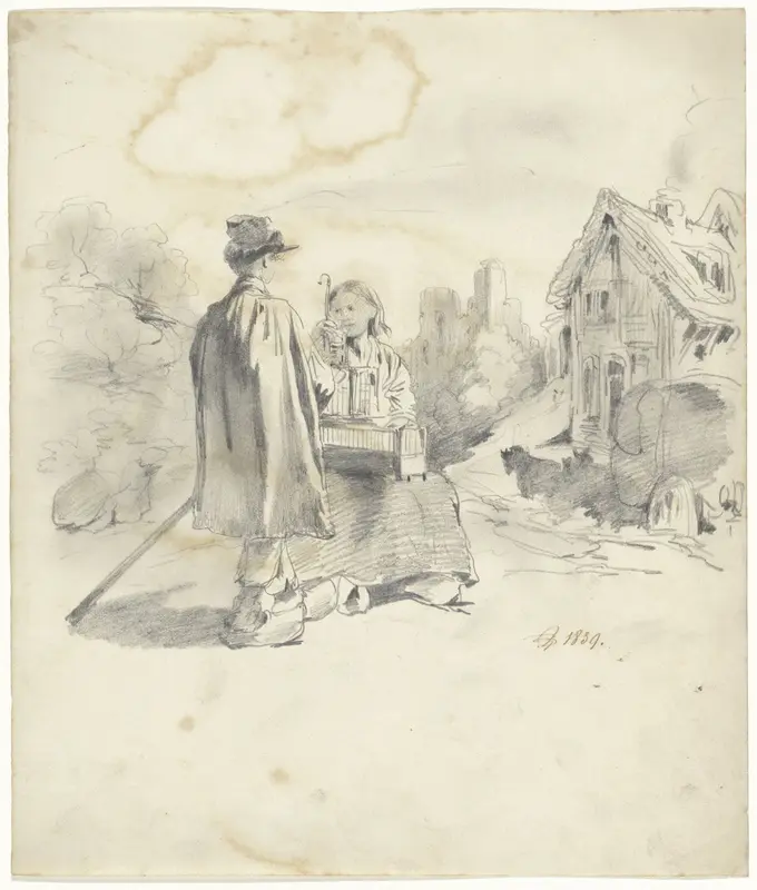 Staand jongetje bij zittende vrouw in landschap Wall Art by Pieter van Loon - High-Resolution Digital Print