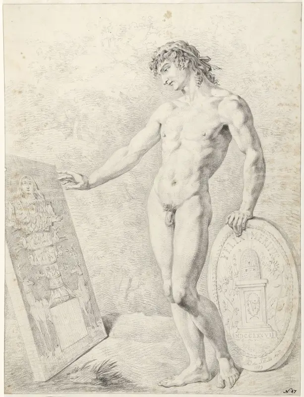 Staand mannelijk naakt, met een reliëf waarop een vruchtbaarheidsgodin (Isis?) en een schild met het embleem van Felix Meritis Wall Art by Unknown - High-Resolution Digital Print