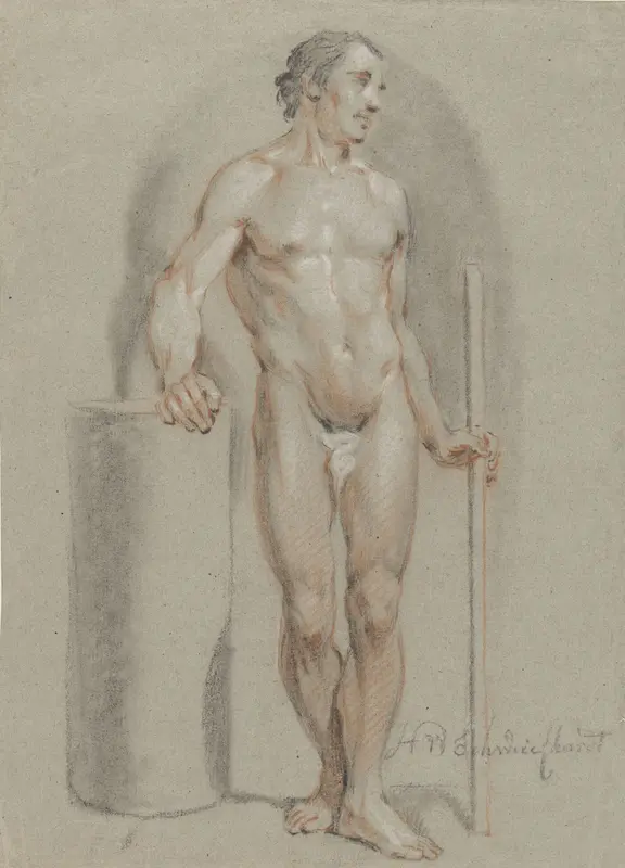 Staand mannelijk naakt, met een stok in de hand, steunend op een ateliercylinder Wall Art by Hendrik Willem Schweickhardt - High-Resolution Digital Print