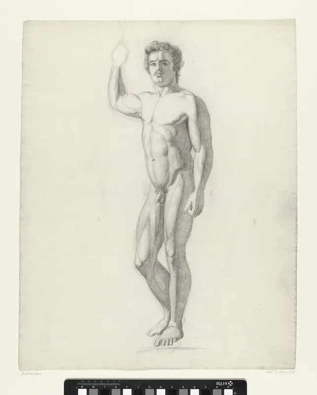 Staand mannelijk naakt met opgeheven arm, naar links Wall Art by anonymous - High-Resolution Digital Print
