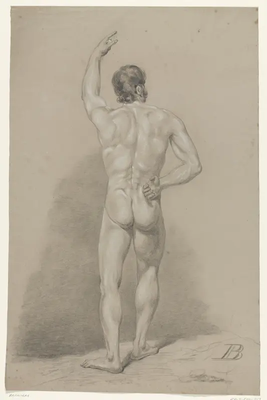 Staand mannelijk naakt met opgeheven arm, van achteren gezien Wall Art by anonymous - High-Resolution Digital Print