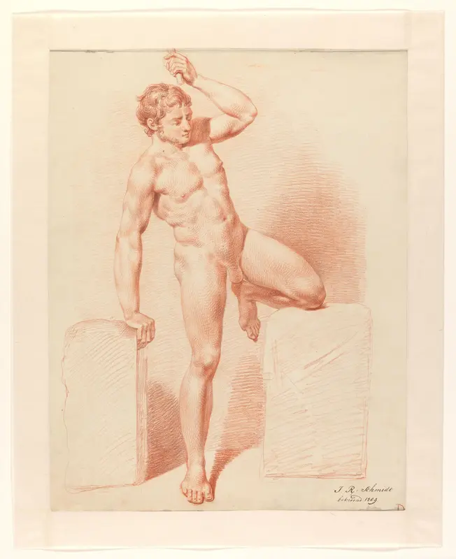 Staand mannelijk naakt met opgetrokken knie Wall Art by Unknown - High-Resolution Digital Print