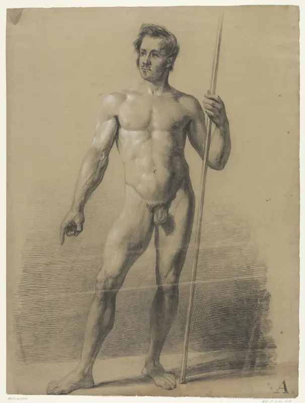 Staand mannelijk naakt met stok, van voren Wall Art by anonymous - High-Resolution Digital Print