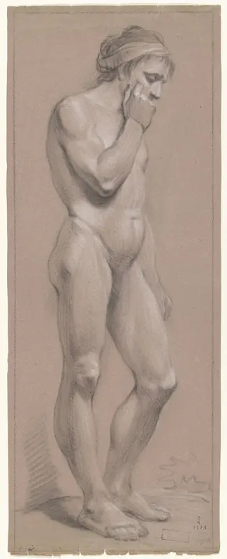 Staand mannelijk naakt, naar rechts, de rechterhand tegen het gezicht Wall Art by anonymous - High-Resolution Digital Print