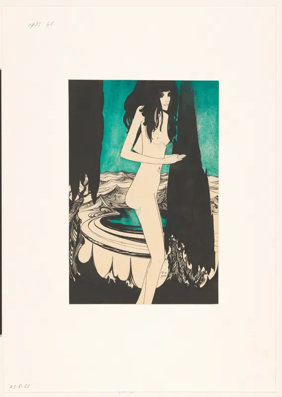 Staand naakt meisje bij donkere bomen in berglandschap Wall Art by Unknown - High-Resolution Digital Print