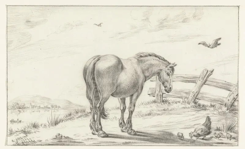 Staand paard bij kip met kuikens Wall Art by Jean Bernard - High-Resolution Digital Print
