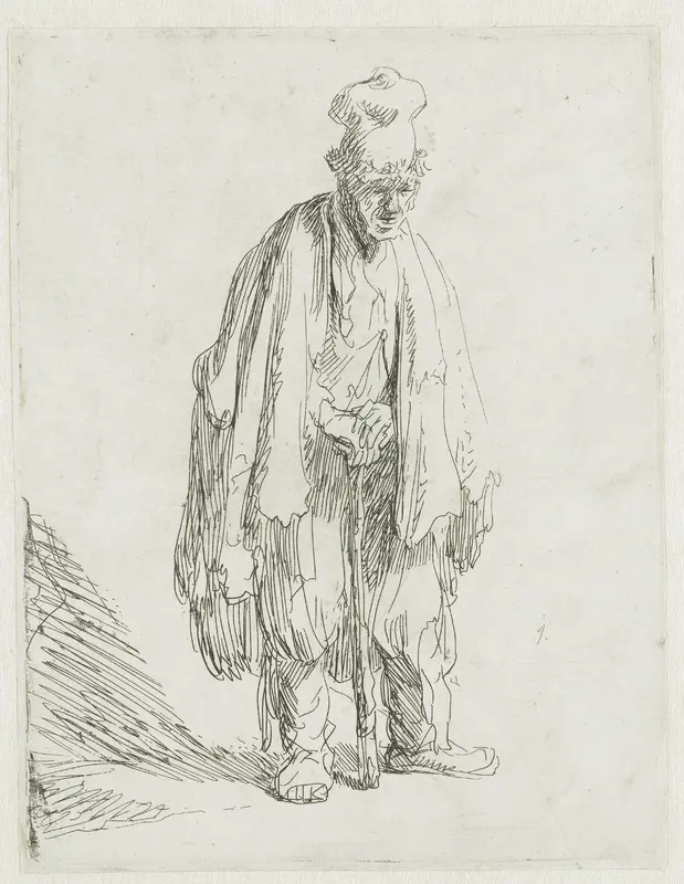 Staande bedelaar met hoog hoofddeksel, met beide handen leunend op een stok Wall Art by Rembrandt van Rijn - High-Resolution Digital Print