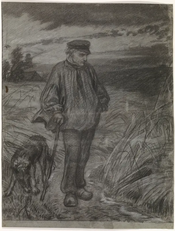 Staande boer, de handen ineen geslagen, en zijn hond op de akker Wall Art by Thomas Simon Cool - High-Resolution Digital Print