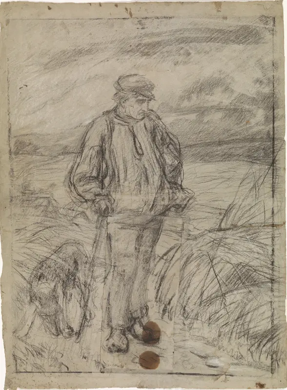 Staande boer en zijn hond op de akker, de benen nogmaals op afzonderlijk stuk papier Wall Art by Thomas Simon Cool - High-Resolution Digital Print
