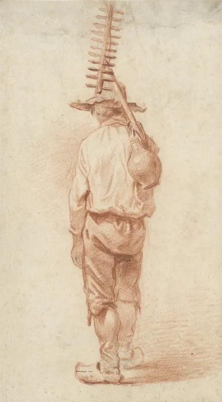Staande boer met hark met kruik over de schouder, op de rug gezien Wall Art by Barend Cornelis Koekkoek - High-Resolution Digital Print
