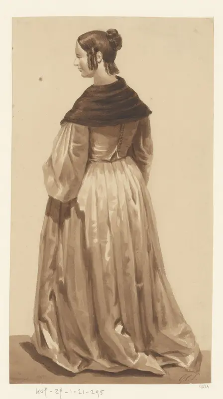 Staande dame in een lange jurk Wall Art by unknown - High-Resolution Digital Print