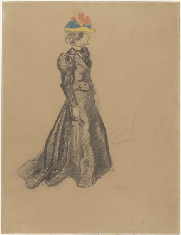 Staande dame in zwart complet met sleep, en een gekleurde strooien hoed met zomerbloemen Wall Art by Théophile Alexandre Steinlen - High-Resolution Digital Print