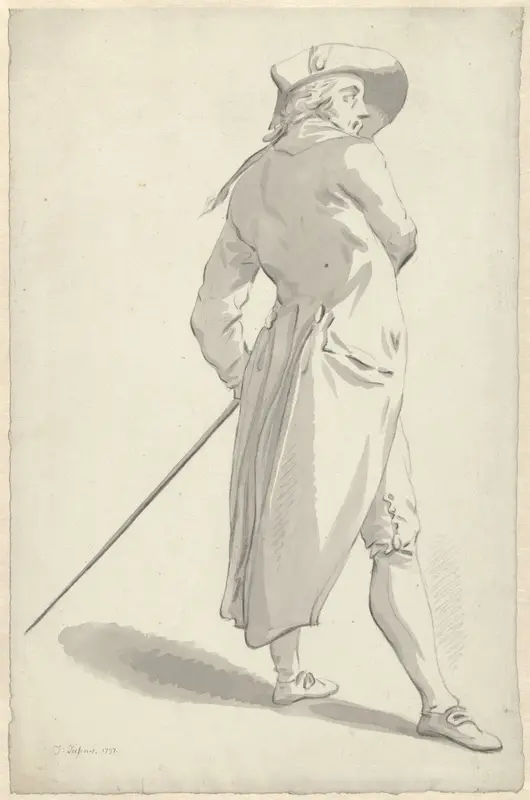 Staande figuur in lange jas en hoed met degen, naar rechts Wall Art by Unknown - High-Resolution Digital Print