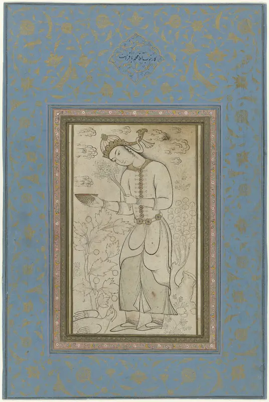 Staande figuur, met in de ene hand bloemen en in de ander een kom Wall Art by anonymous - High-Resolution Digital Print
