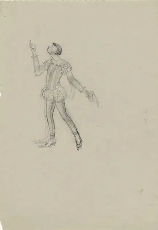 Staande figuur op hakken met in zijn linkerhand zijn hoed, terwijl hij zijn rechterhand omhoog houdt Wall Art by Henk Henriët - High-Resolution Digital Print