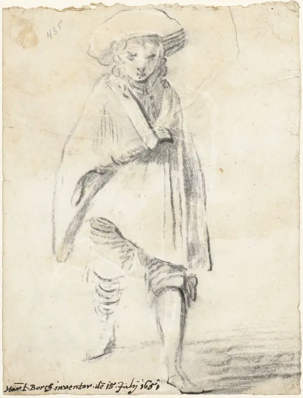 Staande figuur van een jongeman met een mantel om zich heen geslagen Wall Art by Unknown - High-Resolution Digital Print