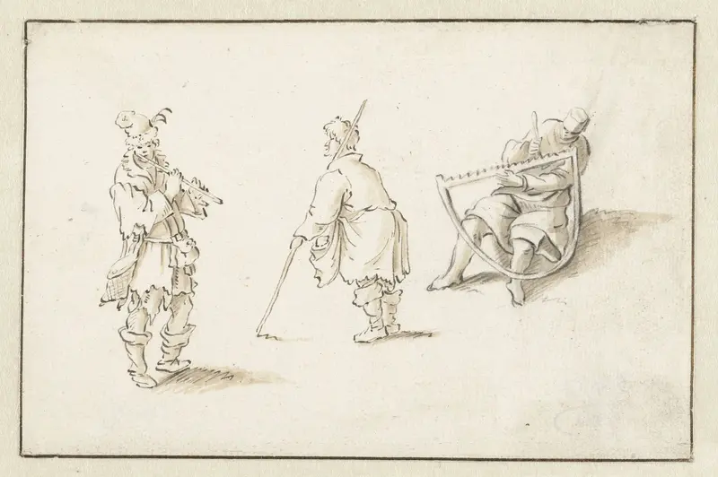 Staande fluitspeler, man met een stok en man met een zaag Wall Art by Herman Saftleven - High-Resolution Digital Print