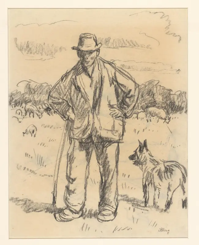 Staande herder met zijn hond in een weide met schapen Wall Art by Unknown - High-Resolution Digital Print