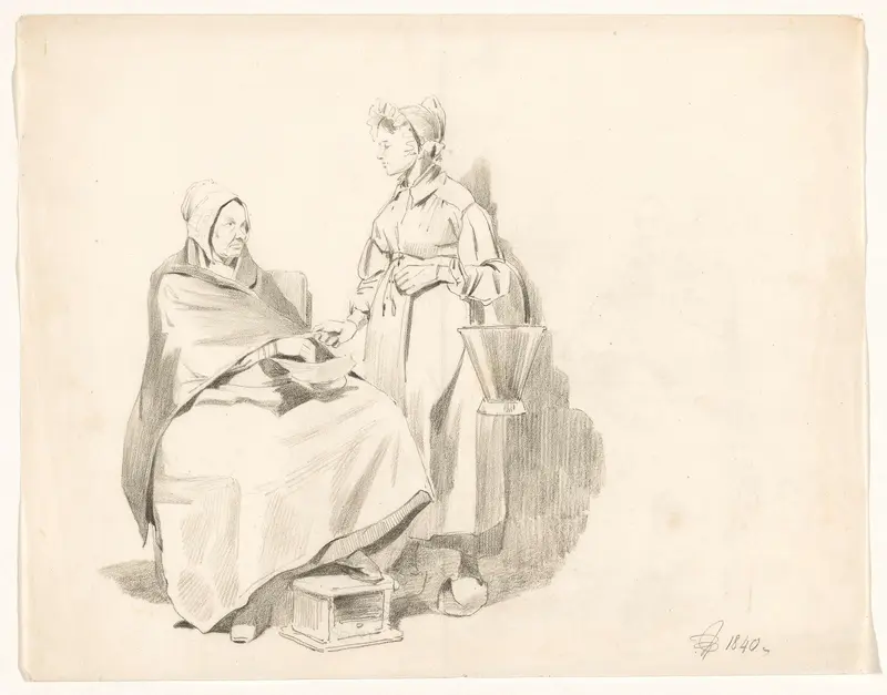Staande jonge vrouw bij zittende oude vrouw Wall Art by Pieter van Loon - High-Resolution Digital Print