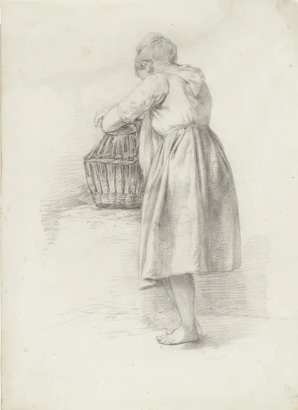 Staande jonge vrouw, met de armen rustend op een mand Wall Art by Abraham Johannes Ruytenschildt - High-Resolution Digital Print