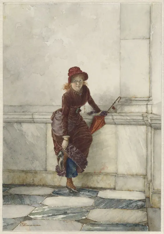 Staande jonge vrouw, tegen muur geleund Wall Art by Pieter Haaxman - High-Resolution Digital Print
