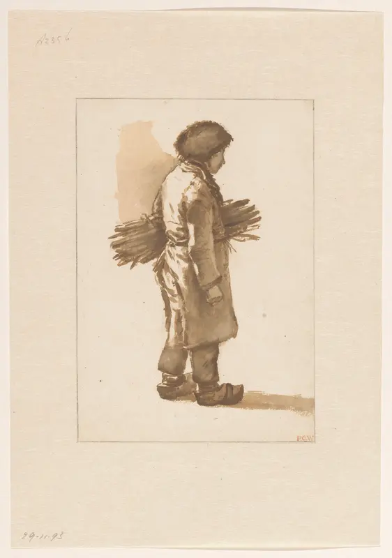 Staande jongen met bontmuts, klompen en een takkenbos onder de arm Wall Art by Unknown - High-Resolution Digital Print