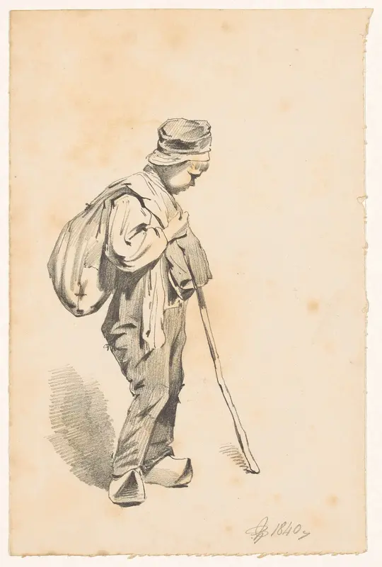 Staande jongen met een stok en een zak over de schouder Wall Art by Pieter van Loon - High-Resolution Digital Print