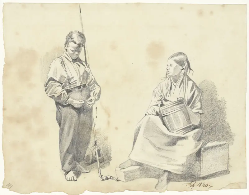 Staande jongen met hengel en zittende vrouw met tonnetje Wall Art by Pieter van Loon - High-Resolution Digital Print