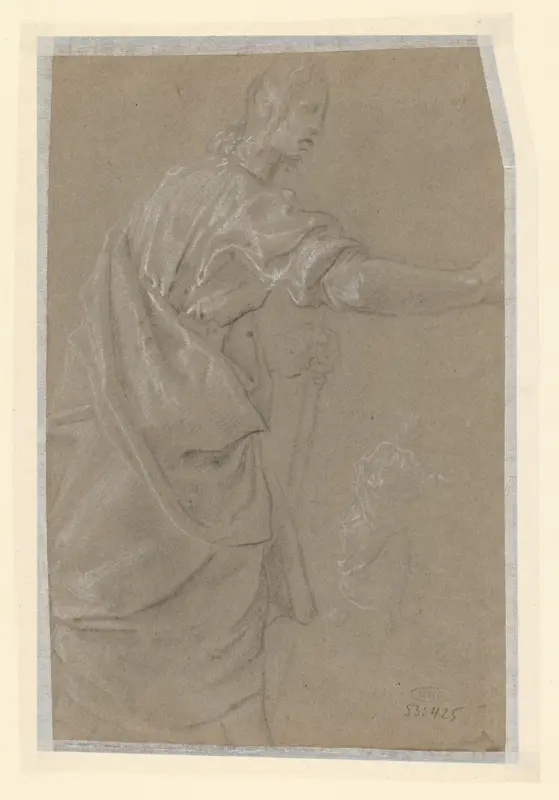 Staande man en klein figuur op achtergrond Wall Art by anonymous - High-Resolution Digital Print