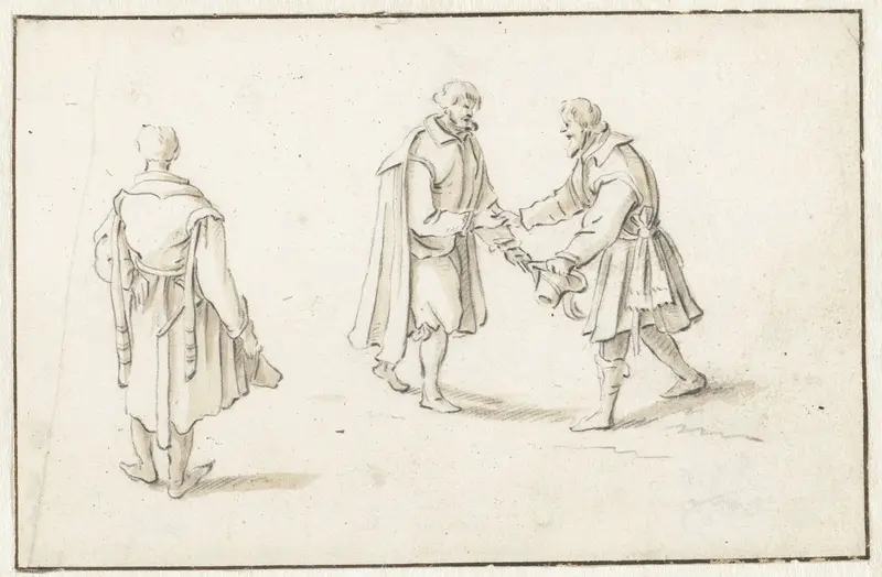 Staande man en twee mannen elkaar begroetend Wall Art by Herman Saftleven - High-Resolution Digital Print