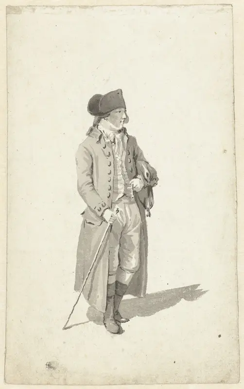 Staande man in lange jas met stok Wall Art by anonymous - High-Resolution Digital Print