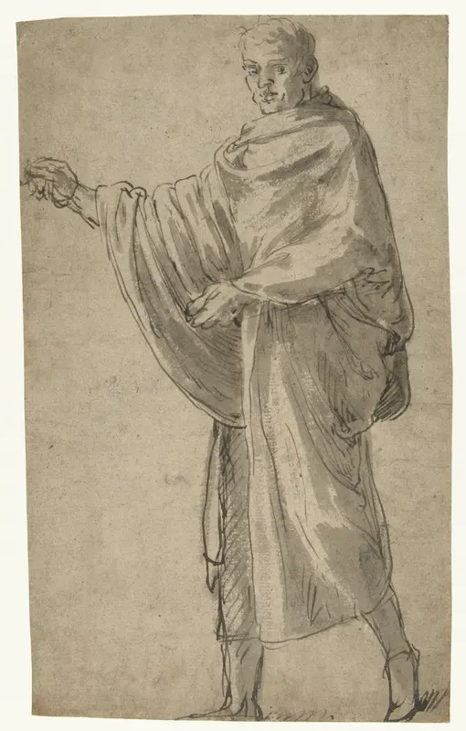 Staande man in toga, naar links met opgeheven rechterarm Wall Art by Lambert Lombard - High-Resolution Digital Print