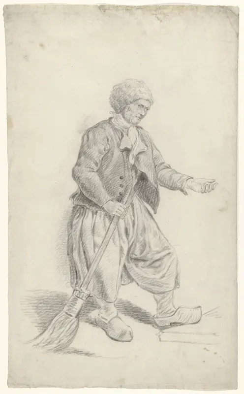 Staande man met bontmuts, bezem en uitgestoken hand Wall Art by anonymous - High-Resolution Digital Print