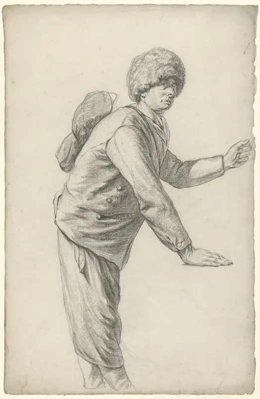 Staande man met bontmuts en pak op de rug Wall Art by anonymous - High-Resolution Digital Print