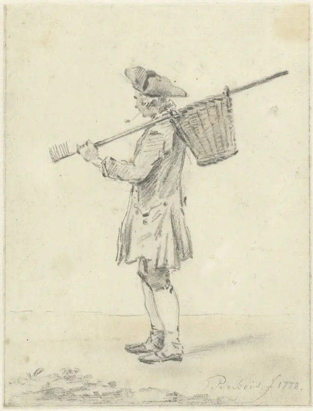 Staande man met een hark over de schouder Wall Art by Jacob Perkois - High-Resolution Digital Print
