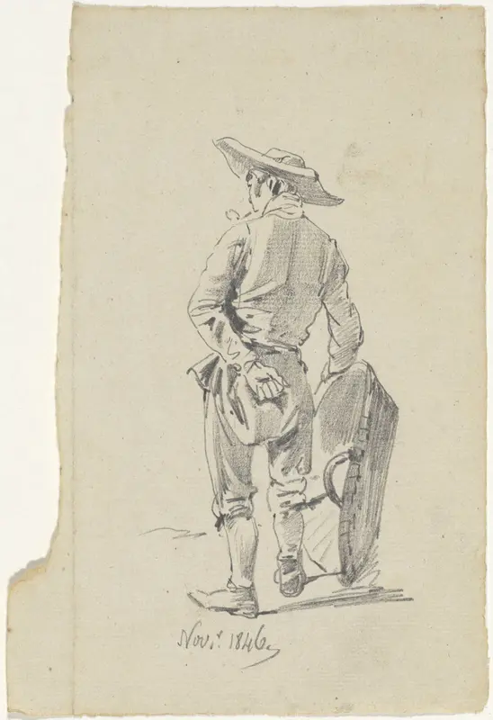 Staande man met een mand, op de rug gezien Wall Art by Pieter van Loon - High-Resolution Digital Print