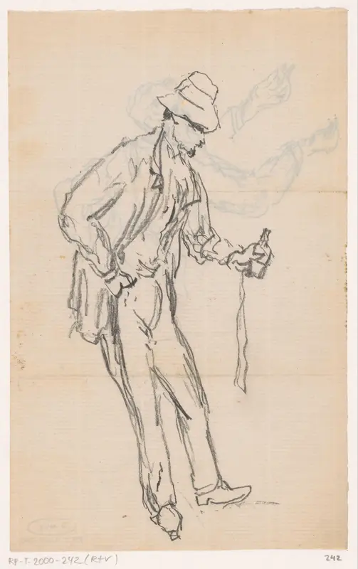 Staande man met fles in de hand Wall Art by Johannes Tavenraat - High-Resolution Digital Print