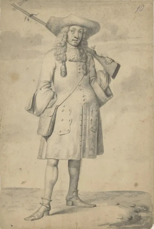 Staande man met geweer over zijn schouder, van voren gezien Wall Art by Unknown - High-Resolution Digital Print