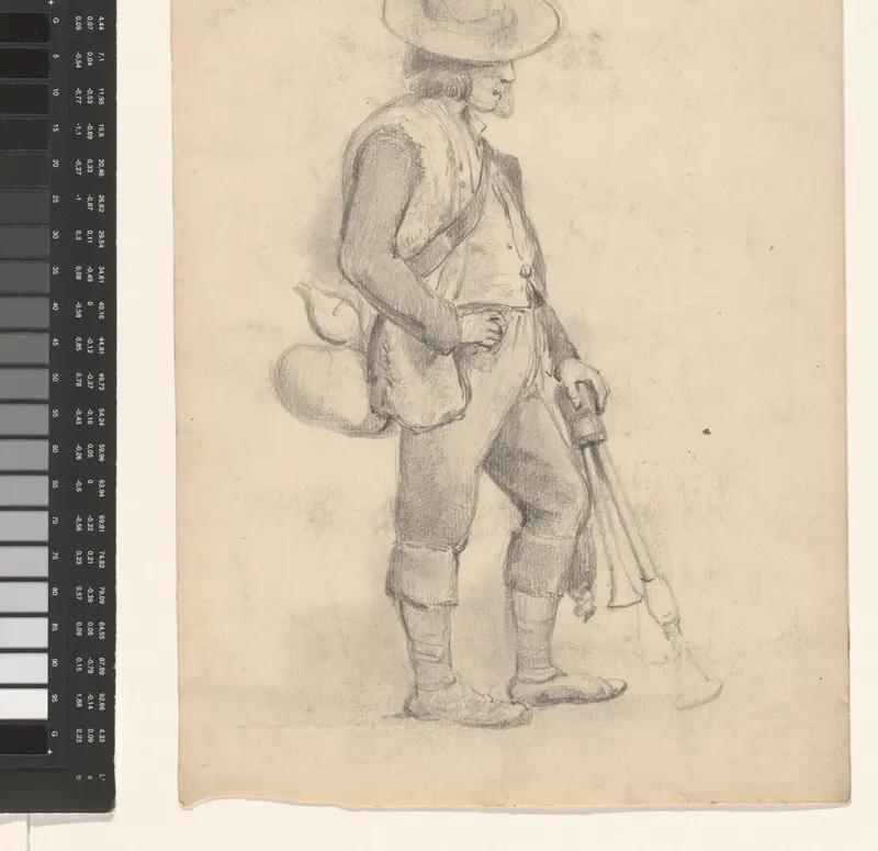 Staande man met hoed en blaasinstrument Wall Art by Jan Bedijs Tom - High-Resolution Digital Print