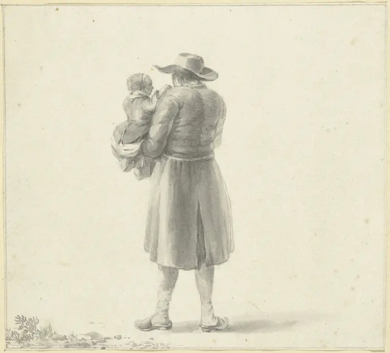 Staande man met kind op de arm, op de rug gezien Wall Art by Hendrik Rietschoof - High-Resolution Digital Print