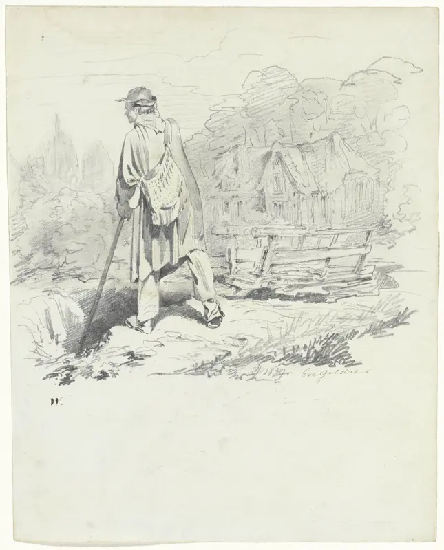 Staande man met tas op de rug in landschap Wall Art by Pieter van Loon - High-Resolution Digital Print