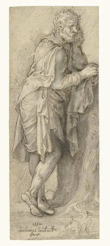 Staande man met zijn rechterarm rustend op een boomstronk Wall Art by Lambert Lombard - High-Resolution Digital Print