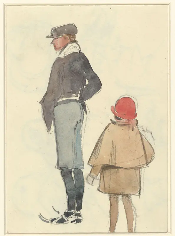 Staande man op schaatsen en een meisje met een hoed Wall Art by Fik Abbing - High-Resolution Digital Print