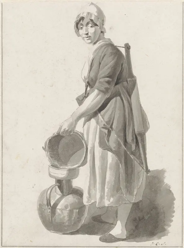 Staande melkvrouw, die melk uitgiet in een koperen kan Wall Art by Johannes Christiaan Schotel - High-Resolution Digital Print