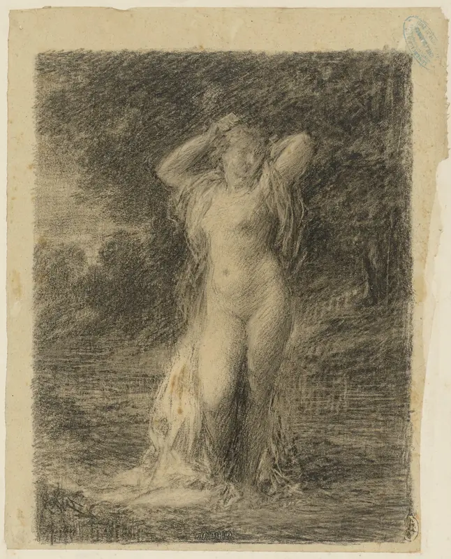 Staande naakte vrouw in een boslandschap met water Wall Art by Henri Fantin-Latour - High-Resolution Digital Print