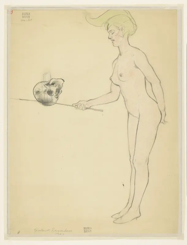 Staande naakte vrouw met een stok en een schedel Wall Art by Armand Rassenfosse - High-Resolution Digital Print