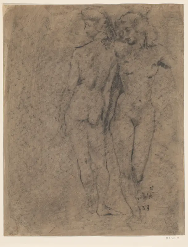 Staande naakte vrouw met gebogen hoofd en hangende schouders Wall Art by Unknown - High-Resolution Digital Print