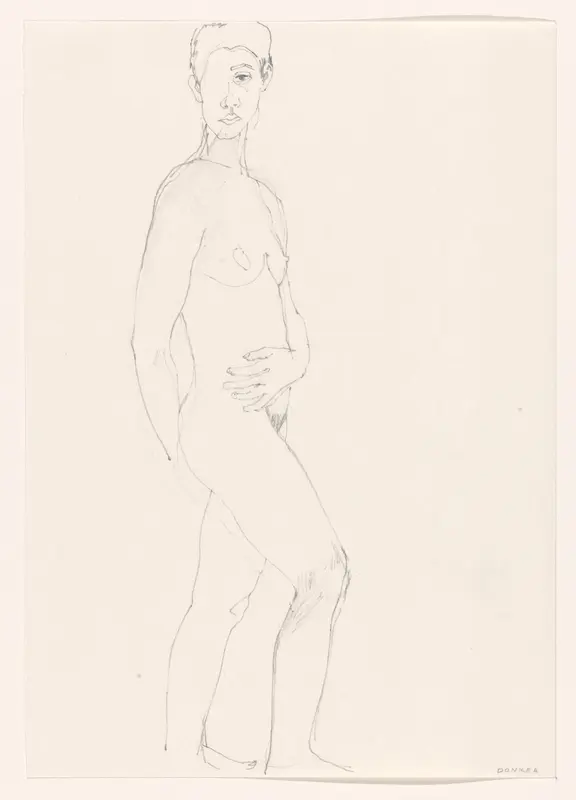 Staande naakte vrouw met haar linkerhand op haar buik Wall Art by Unknown - High-Resolution Digital Print