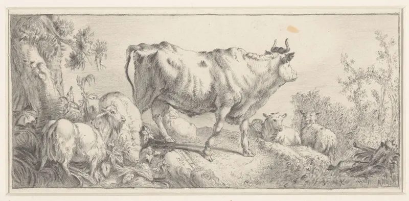 Staande os, naar rechts, tussen ander vee