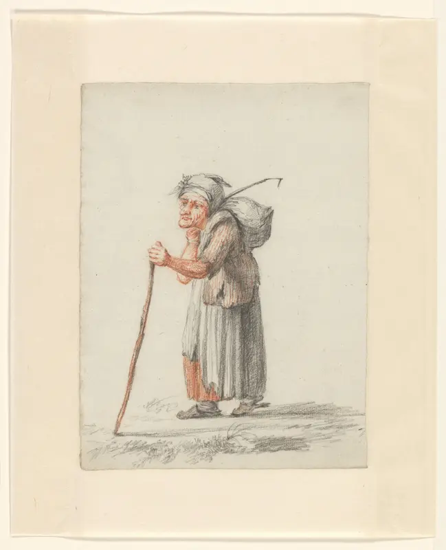 Staande oude vrouw met rugzak en wandelstok Wall Art by Johannes van Reijn - High-Resolution Digital Print
